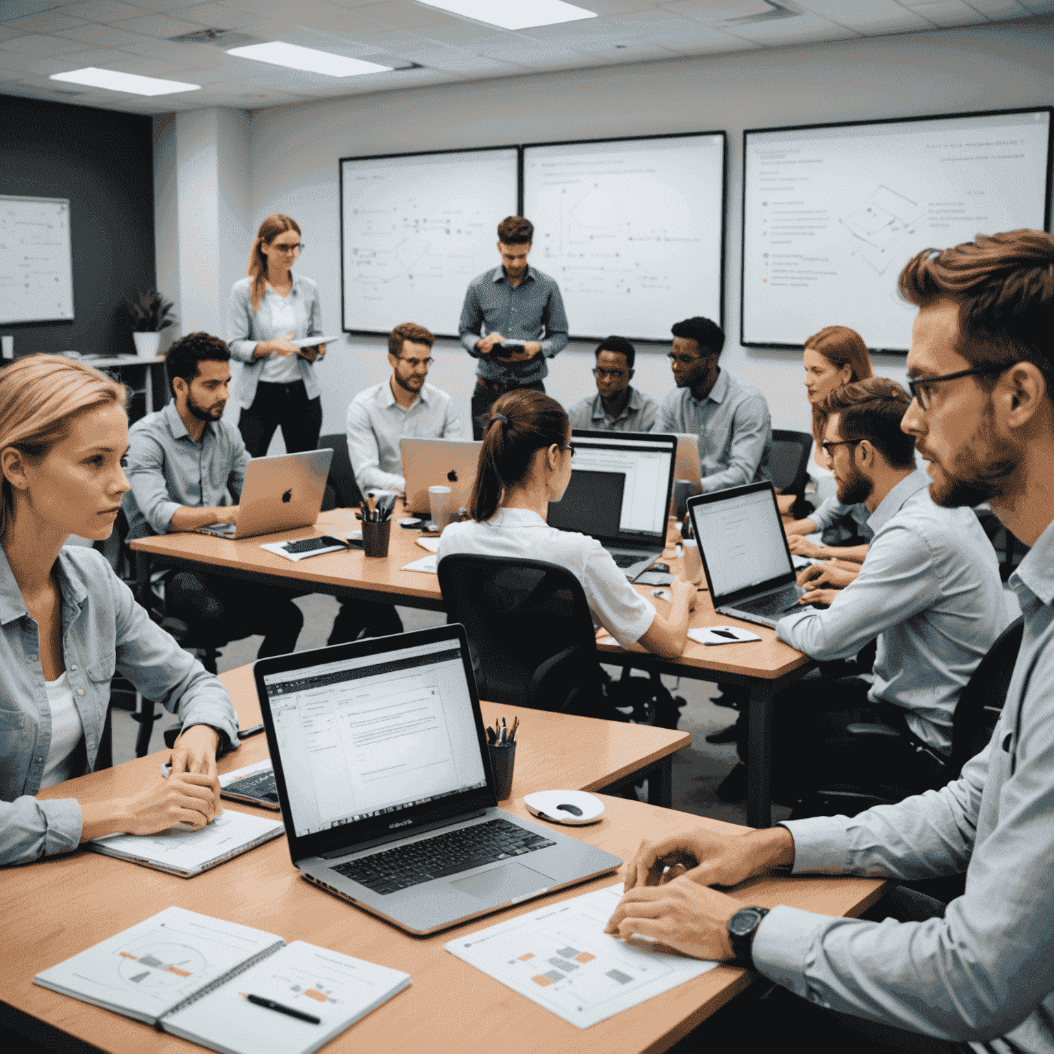 Ein Gruppenarbeitsszenario, bei dem verschiedene Personen an Computern sitzen und gemeinsam an einem Programmierprojekt arbeiten. Im Hintergrund sind Whiteboards mit Codeausschnitten und Diagrammen zu sehen.