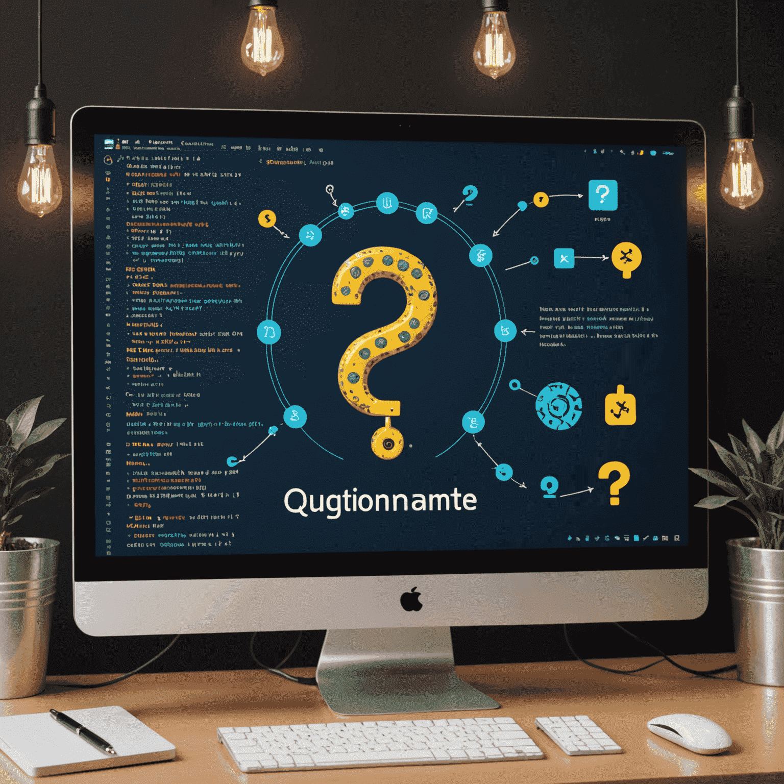Ein Bild, das Python-Code auf einem Computerbildschirm zeigt, umgeben von Symbolen für Anfänger wie Fragezeichen und Glühbirnen