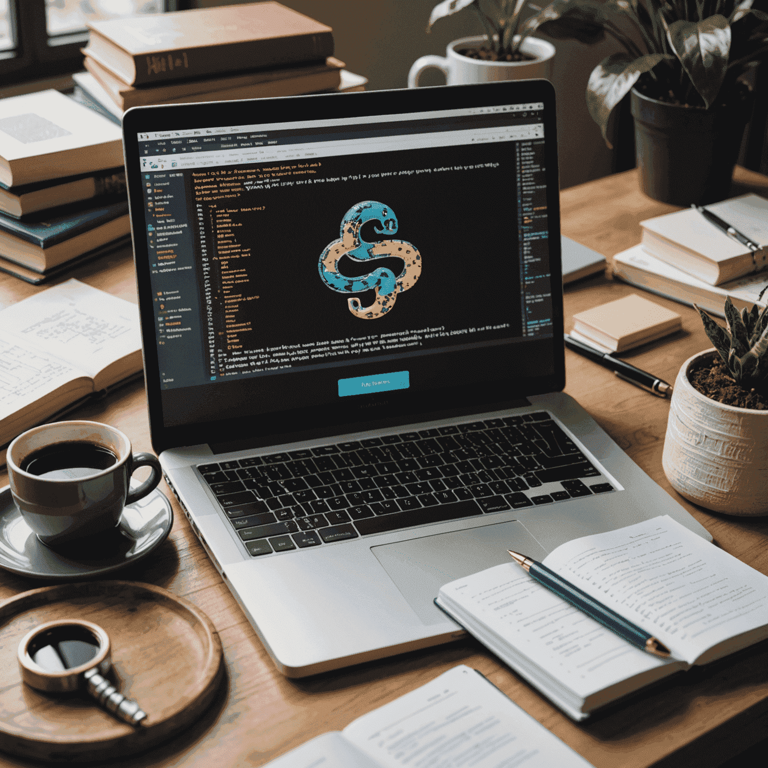 Ein Laptop mit Python-Code auf dem Bildschirm, umgeben von Programmierbüchern und Notizen, die die Grundlagen der Python-Programmierung darstellen