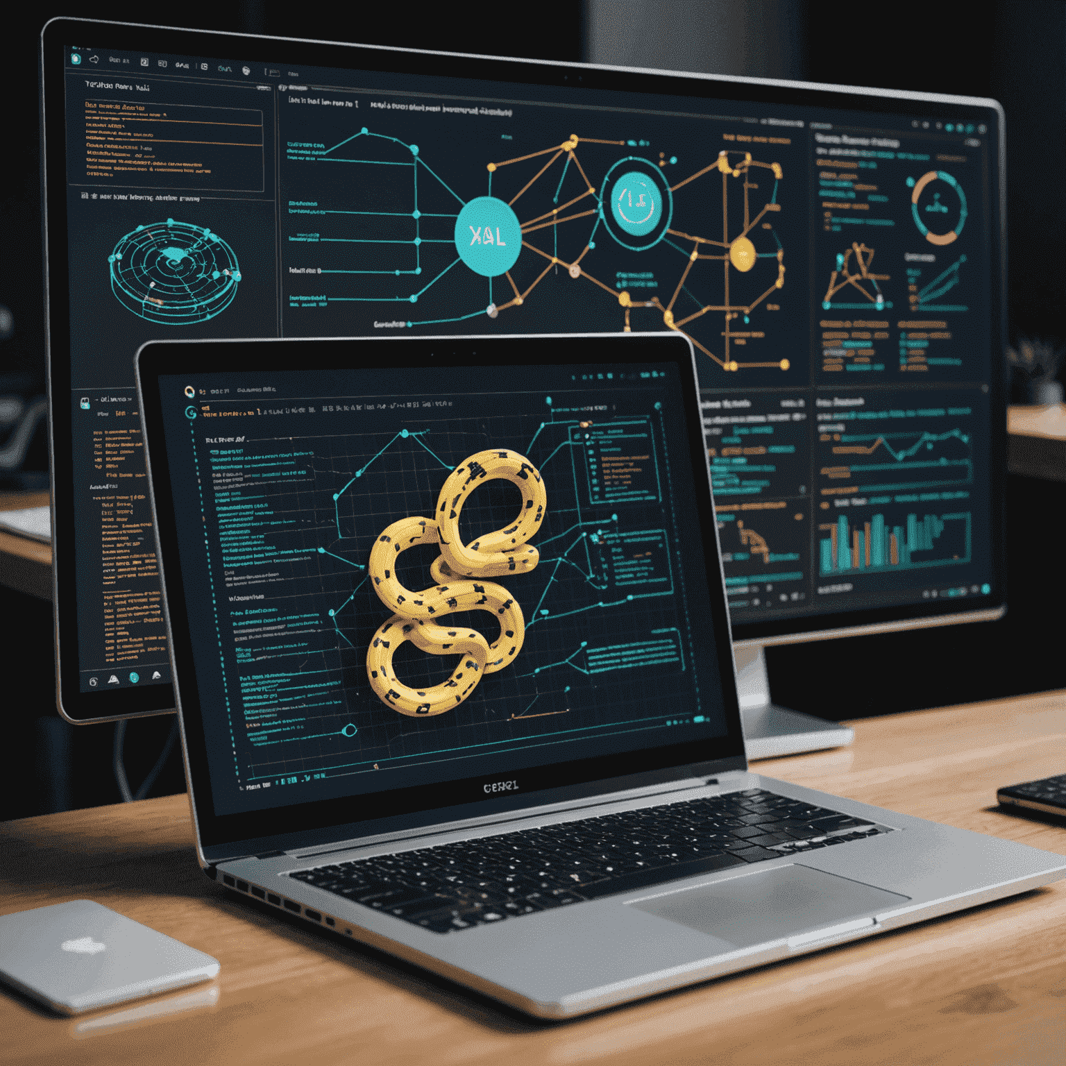 Ein Laptop mit Python-Code und Machine Learning-Diagrammen auf dem Bildschirm, umgeben von Datensymbolen und KI-Konzepten