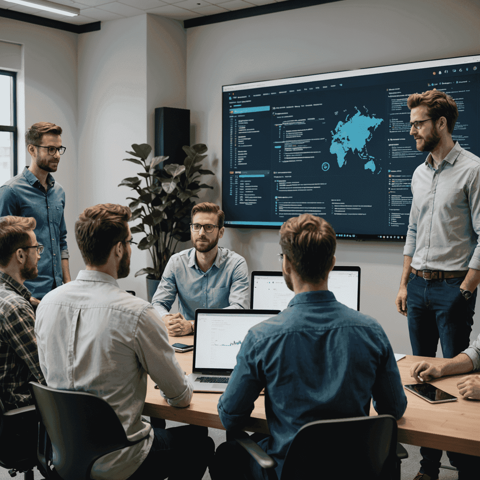 Eine Gruppe von Entwicklern, die gemeinsam an einem großen Bildschirm Code reviewen und diskutieren, was die Bedeutung von Teamarbeit und kontinuierlicher Verbesserung in der Softwareentwicklung unterstreicht